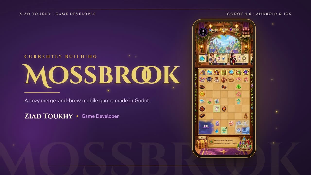 Mossbrook, Ziad El Toukhy’s cozy merge-and-brew mobile game, shown in the portfolio project preview.